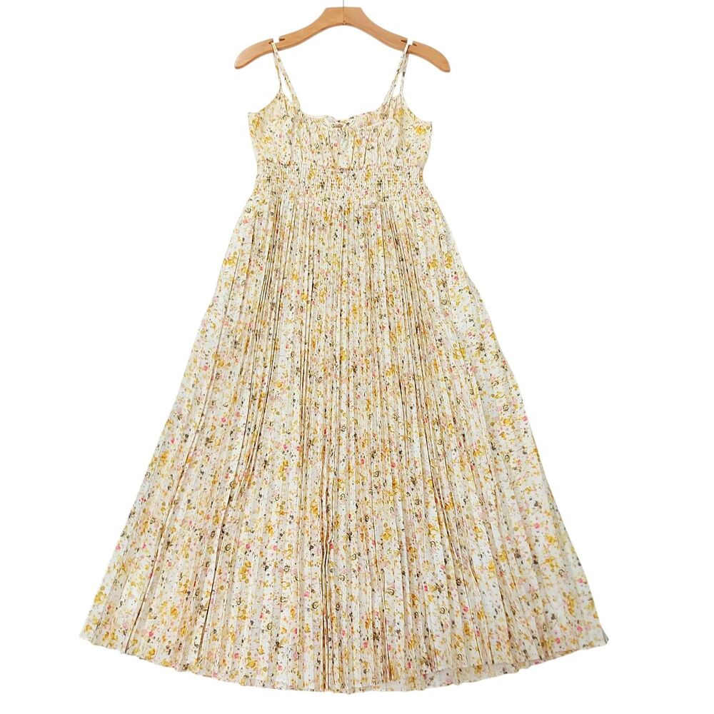 J. Crew Womens 12 Beige Floral Midi Dress Soft Posies Smocked Waist Pleated